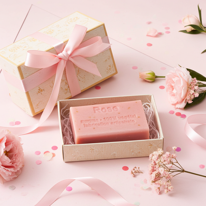 Rosenseife aus Frankreich in stilvoller Badezimmer- oder Spa-Umgebung